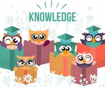 Knowledge Background Cute Stylized Owl Book Icons Decor