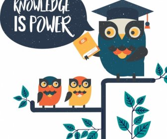 Knowledge Banner Stylized Cartoon Owl Icon Retro Design