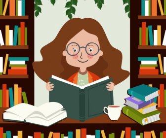 Knowledge Conceptual Drawing Girl Reading Book Colored Cartoon