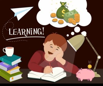 Knowledge Value Banner Learning Boy Money Dream Icons