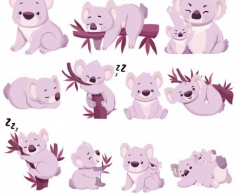 Koala Species Icons Cute Gestures Sketch Cartoon Characters