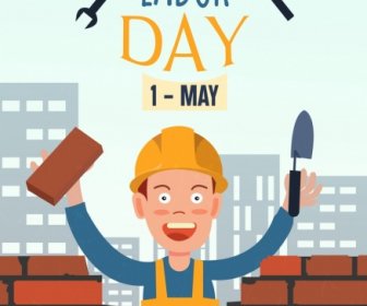 Labor Day Banner Worker Brick Wall Colored Cartoon