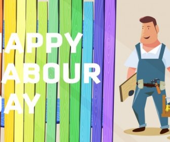 Labor Day Banner Worker Icon Colored Cartoon Design