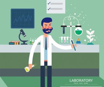 실험실 광고 남성 과학자 도구 아이콘 만화 디자인