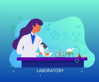 실험실 작업 배경 여성 과학자 분자 도구 아이콘