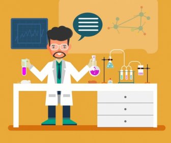 Laboratory Work Background Male Scientist Tool Icons Decor