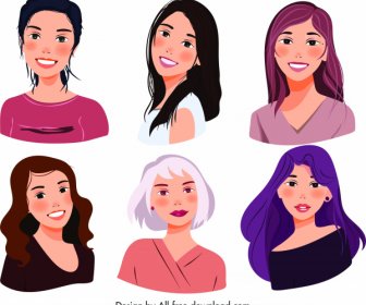 Ladies Avatars Icons Colored Cartoon Characters Sketch