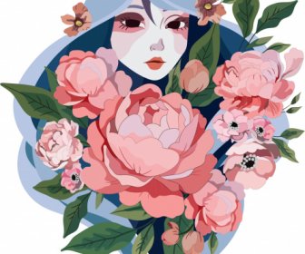 Lady Retrato Pintura Florescendo Flores Decoração