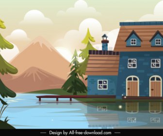 湖の家の風景画エレガントなカラフルなスケッチ