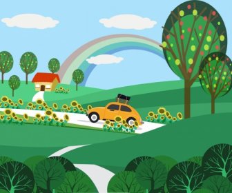 Paisagem De Fundo árvores Verdes Carro ícone Dos Desenhos Animados Do Design