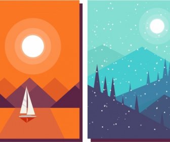 Landscape Background Sets Weather Themes Sea Mountain Icons