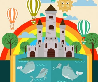 Paisagem De ícones De Baleia Do Livro Fundo Colorido Arco-íris Castelo