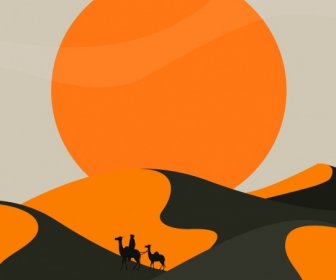 山水畫沙漠太陽駱駝圖示古典設計