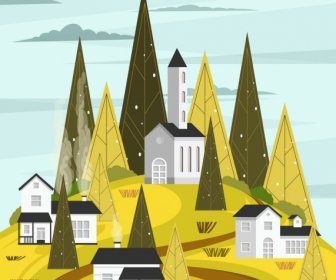 Landscape Painting Houses Hill Trees Icons Geometric Design