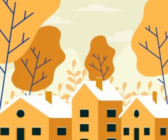风景画房子树图标白色褐色设计