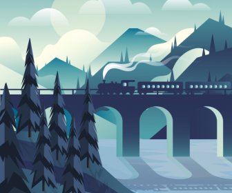 ภูมิทัศน์ภาพวาดสะพานรถไฟภูเขาร่างคลาสสิกสีเข้ม
