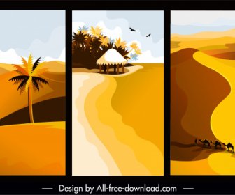 Landscape Paintings Desert Beach Sketch Colored Retro Design