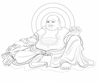 笑う仏陀のアイコン 黒 白 手描きの輪郭
