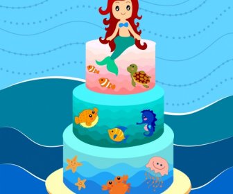 Layer Cake Design Marine-Stil Cartoon-Meerjungfrau-Ikone