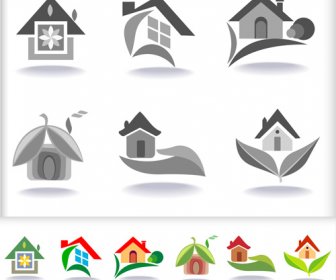 Leaf With Home Abstract Icons Vector
