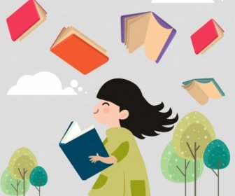 Fundo De Aprendizagem Livros ícones De Menina Colorido Dos Desenhos Animados