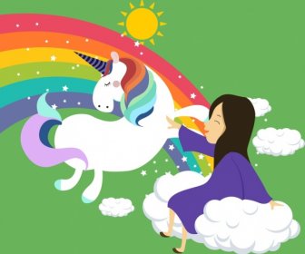 Legendäre Hintergrund Fliegen Pferd Kleine Mädchen Regenbogen Symbole