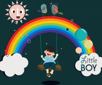 Legendary Background Swinging Boy Multicolored Rainbow Birds Icons