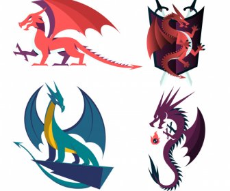 Legendary Dragon Icons Western Design Colored Classic Sketch