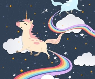 Legendary Unicorn Drawing Colorful Rainbow White Clouds Decor