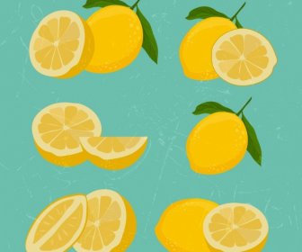 레몬 아이콘 컬렉션 3d 노란색 슬라이스 복고풍 디자인