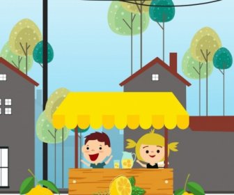 Lemon Juice Advertisement Stylized Fruit Cute Kids Icons