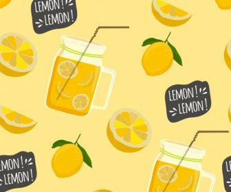 Lemon Juice Background Slices Jar Icons Repeating Design