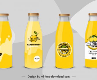 Lemon Juice Bottles Template Yellow Decor Flat Sketch