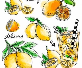 Lemon Juice Design Elements Retro Handdrawn Sketch
