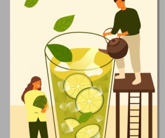 레몬 차 광고 포스터 거대한 유리 만화 스케치