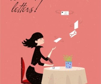 Letter Writing Background Woman Winged Envelopes Icons