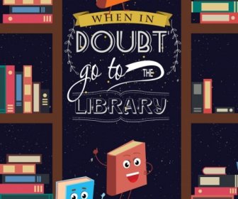 Library Advertisement Stylized Book Icons Colored Cartoon Design