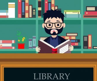 Library Background Man Reading Book Icon Colored Cartoon