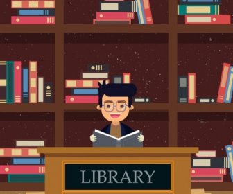 Library Background Reading Man Bookshelf Icons Colored Cartoon
