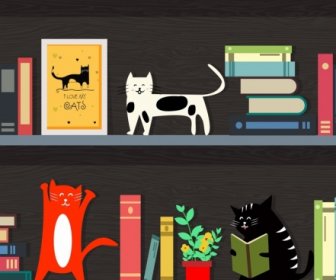مكتبة الرف التصميم القطط كتب الرموز ديكور