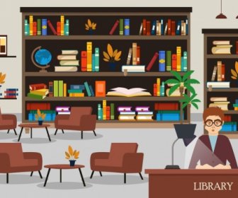 Library Drawing Bookshelves Librarian Chairs Icons