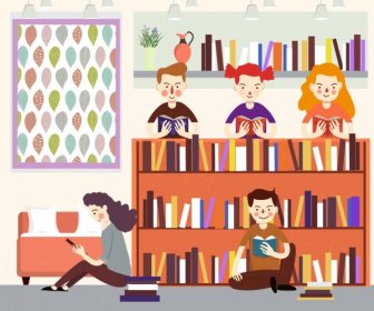 Bibliothekszeichnung Leser Bücherregal Symbole Farbige Cartoon
