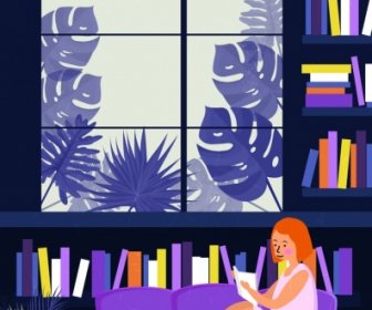 Library Drawing Woman Reading Book Colored Cartoon Design