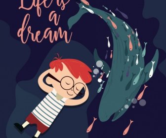 life banner sleeping boy ocean whale cartoon design