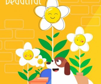 Leben Banner Stilisierte Blumen Hund Icons Niedliches Design