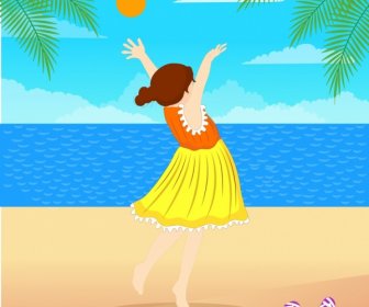 Hidup Lukisan Gadis Menyenangkan Pantai Ikon Dekorasi Warna-warni