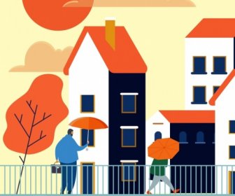 Vida A Pintar ícones De Cidade De Guarda-chuva Pessoas Design Clássico