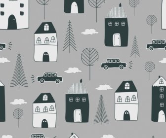 Life Pattern Classical Handdrawn Design House Car Icons