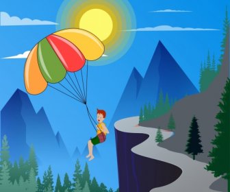 Yaşam Tarzı Arka Plan çocuk Paraşüt Dağ Simgeler Karikatür Tasarım