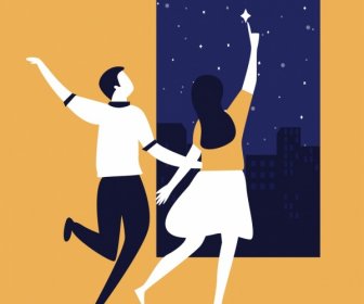 生活背景のカップルのダンスの夜の空漫画スケッチ